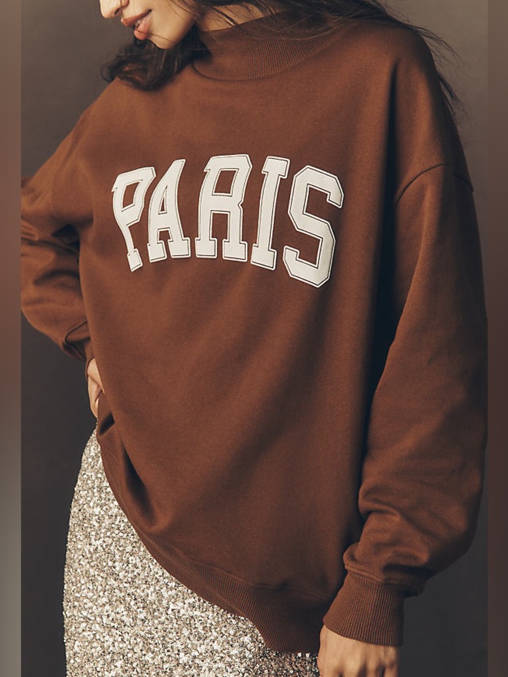 Anthropologie Mock-Neck City Paris Graphic Oversized Sweatshirt Navy Pullover